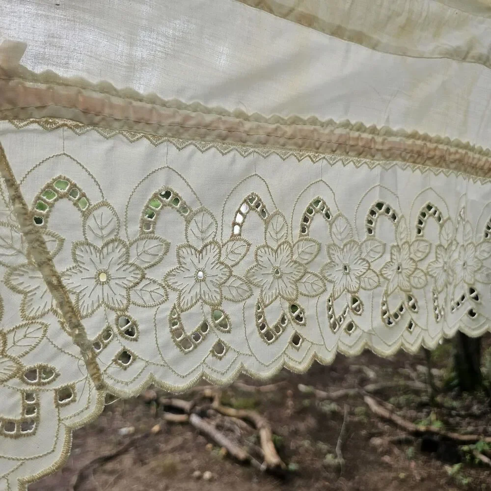 Set of 2 Vintage 1970s Swag Valances with Eyelet Lace & Pink Ribbon Trim
